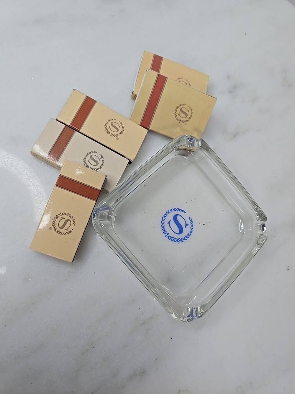 Sheraton Hotel Square Clear Glass Ashtray BLUE LOGO 3.75" ASHTRAY with matches